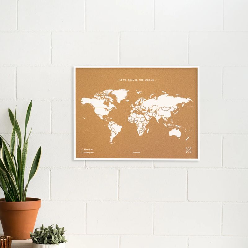 Carte du monde en liège 60 X 45 blanc cadre blanc