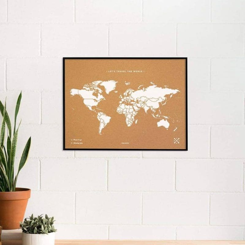 Carte du monde en liège 60 X 45 blanc cadre noir